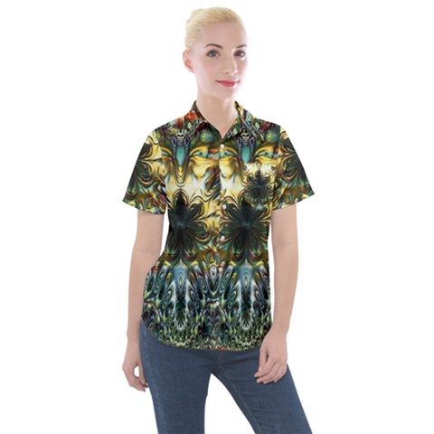 Multicolor Floral Art Copper Patina  Women s Short Sleeve Pocket Shirt by CrypticFragmentsDesign