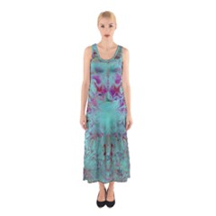 Retro Hippie Abstract Floral Blue Violet Sleeveless Maxi Dress