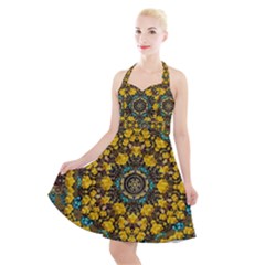 Mandala Faux Artificial Leather Among Spring Flowers Halter Party Swing Dress  by pepitasart