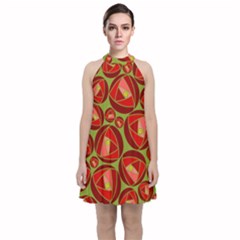 Abstract Rose Garden Red Velvet Halter Neckline Dress  by Dutashop