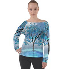 Crystal Blue Tree Off Shoulder Long Sleeve Velour Top