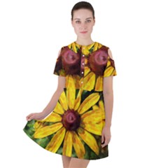 Sunflower Painting Short Sleeve Shoulder Cut Out Dress  by ExtraGoodSauce