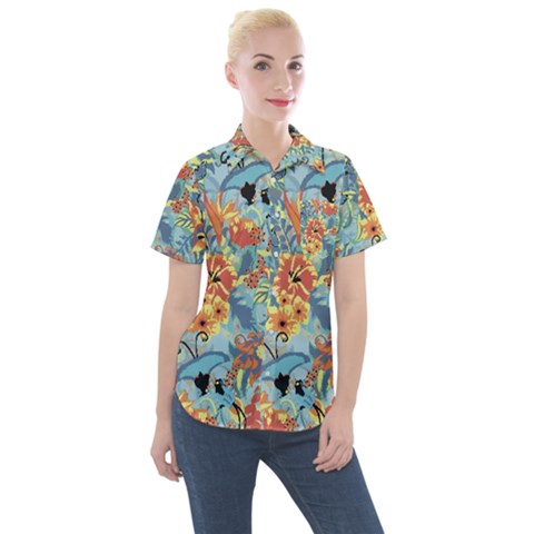 Flowers And Butterfly Women s Short Sleeve Pocket Shirt by goljakoff