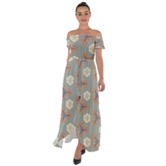 Flowers Leaves  Floristic Pattern Off Shoulder Open Front Chiffon Dress by SychEva