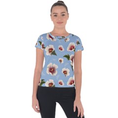 Delicate Hibiscus Flowers On A Blue Background Short Sleeve Sports Top  by SychEva
