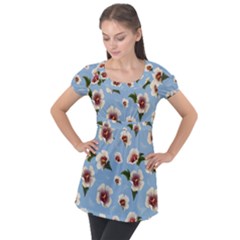 Delicate Hibiscus Flowers On A Blue Background Puff Sleeve Tunic Top by SychEva