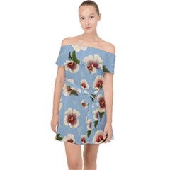 Delicate Hibiscus Flowers On A Blue Background Off Shoulder Chiffon Dress by SychEva