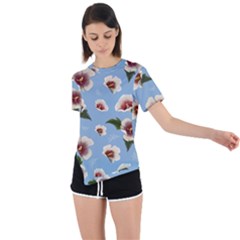 Delicate Hibiscus Flowers On A Blue Background Asymmetrical Short Sleeve Sports Tee by SychEva