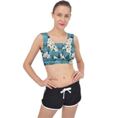 Blue Flowers V-back Sports Bra by goljakoff