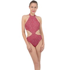 Red Sashiko Ornament Halter Side Cut Swimsuit by goljakoff