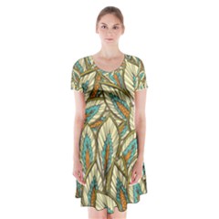 Green Leaves Short Sleeve V-neck Flare Dress by goljakoff