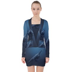 Blue Whales V-neck Bodycon Long Sleeve Dress by goljakoff