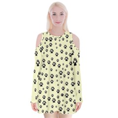 Pattern Silhoutte Paw On Yellow Velvet Long Sleeve Shoulder Cutout Dress by JustToWear