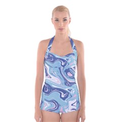 Blue Vivid Marble Pattern Boyleg Halter Swimsuit  by goljakoff