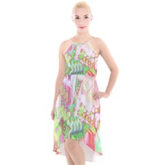 Boho Hippie Trippy Psychedelic Abstract Hot Pink Lime Green High-low Halter Chiffon Dress  by CrypticFragmentsDesign
