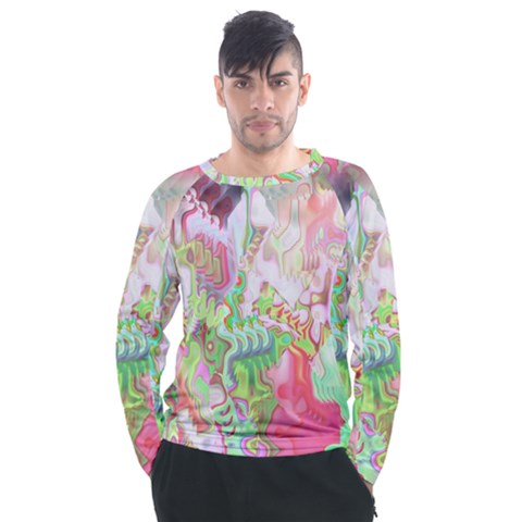 Boho Hippie Trippy Psychedelic Abstract Hot Pink Lime Green Men s Long Sleeve Raglan Tee by CrypticFragmentsDesign