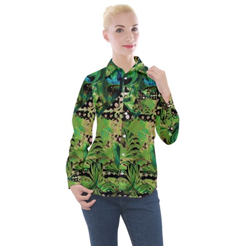 Peacocks And Pyramids Women s Long Sleeve Pocket Shirt by MRNStudios