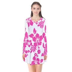 Hibiscus Pattern Pink Long Sleeve V-neck Flare Dress by GrowBasket