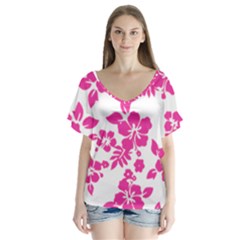 Hibiscus Pattern Pink V-neck Flutter Sleeve Top by GrowBasket