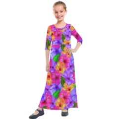 Watercolor Flowers  Multi-colored Bright Flowers Kids  Quarter Sleeve Maxi Dress by SychEva