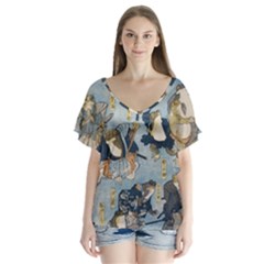 Famous Heroes Of The Kabuki Stage Played By Frogs  V-neck Flutter Sleeve Top by Sobalvarro