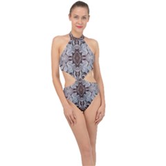 Turquoise Black Arabesque Repeats Halter Side Cut Swimsuit