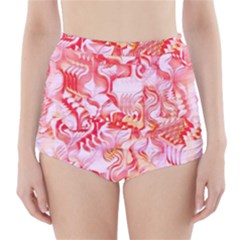 Cherry Blossom Cascades Abstract Floral Pattern Pink White  High-waisted Bikini Bottoms by CrypticFragmentsDesign