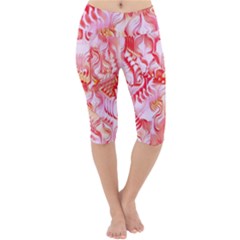 Cherry Blossom Cascades Abstract Floral Pattern Pink White  Lightweight Velour Cropped Yoga Leggings by CrypticFragmentsDesign