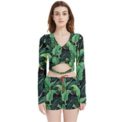 Night Banana Leaves Velvet Wrap Crop Top And Shorts Set by goljakoff