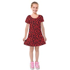 Red And Black Leopard Spots, Animal Fur Kids  Short Sleeve Velvet Dress by Casemiro