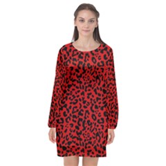 Red And Black Leopard Spots, Animal Fur Long Sleeve Chiffon Shift Dress  by Casemiro