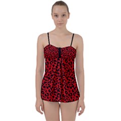 Red And Black Leopard Spots, Animal Fur Babydoll Tankini Set by Casemiro