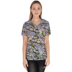 Pear Branch With Flowers Women s V-neck Scrub Top by SychEva