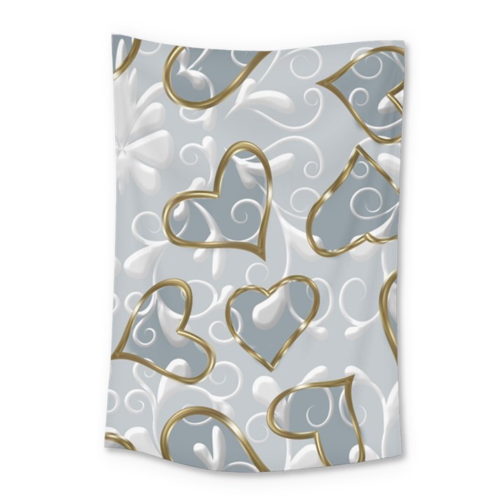   Gold hearts on a blue background Small Tapestry