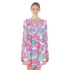 Bright, Joyful Flowers Long Sleeve Velvet V-neck Dress by SychEva