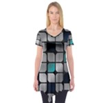 Pattern Abstrat Geometric Blue Grey Short Sleeve Tunic 