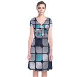 Pattern Abstrat Geometric Blue Grey Short Sleeve Front Wrap Dress