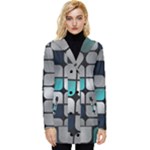 Pattern Abstrat Geometric Blue Grey Button Up Hooded Coat 