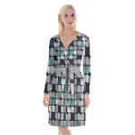 Pattern Abstrat Geometric Blue Grey Long Sleeve Velvet Front Wrap Dress