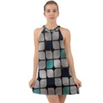 Pattern Abstrat Geometric Blue Grey Halter Tie Back Chiffon Dress