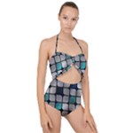 Pattern Abstrat Geometric Blue Grey Scallop Top Cut Out Swimsuit