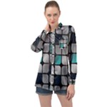 Pattern Abstrat Geometric Blue Grey Long Sleeve Satin Shirt