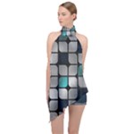 Pattern Abstrat Geometric Blue Grey Halter Asymmetric Satin Top