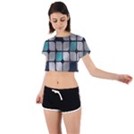 Pattern Abstrat Geometric Blue Grey Tie Back Short Sleeve Crop Tee