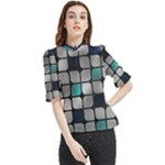 Pattern Abstrat Geometric Blue Grey Frill Neck Blouse