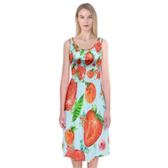 Juicy Blue Print With Watermelons, Strawberries And Peaches Midi Sleeveless Dress by TanitaSiberia