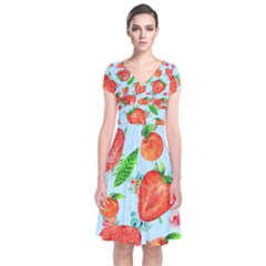 Juicy Blue Print With Watermelons, Strawberries And Peaches Short Sleeve Front Wrap Dress by TanitaSiberia