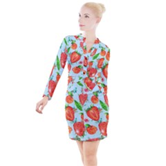 Juicy Blue Print With Watermelons, Strawberries And Peaches Button Long Sleeve Dress by TanitaSiberia