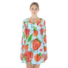 Juicy Blue Print With Watermelons, Strawberries And Peaches Long Sleeve Velvet V-neck Dress by TanitaSiberia