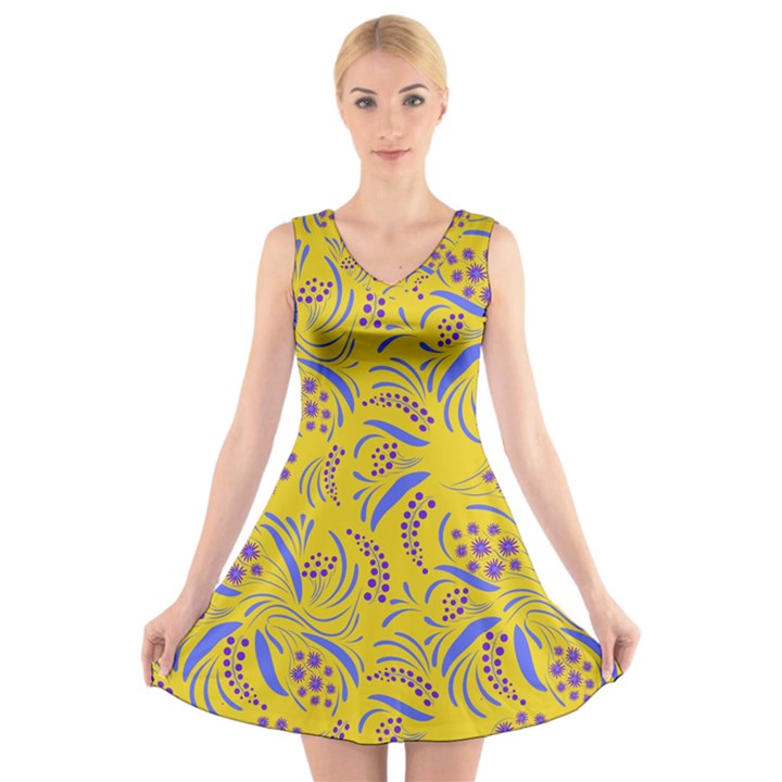 Folk flowers art pattern Floral abstract surface design  Seamless pattern V-Neck Sleeveless Dress